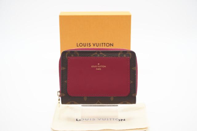 ★３日以内返品可★ LOUIS VUITTON ルイ ヴィトン M82377 モノグラム ポルトフォイユ ルー フューシャ 茶 赤 二つ折り財布 極美品