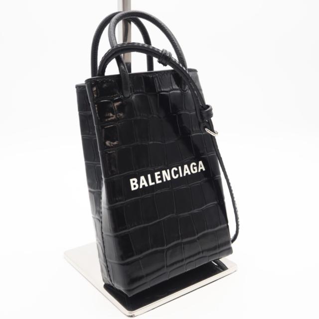 ★3日以内返品可★ BALENCIAGA バレンシアガ 593826 クロコ型押し ショッピング フォンホルダー ブラック ホワイト 2WAYバッグ 極美品