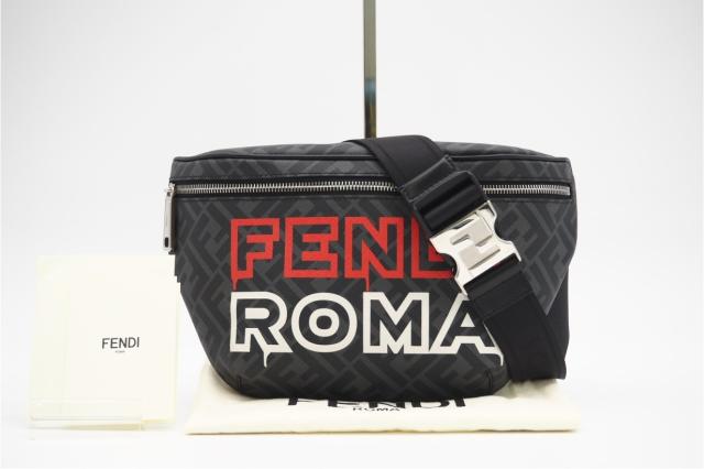 ★3日以内返品可★ 極美品 FENDI フェンディ ズッカ グレーファブリック 7VA562 ウエストバッグ グレー コーティングキャンバス メンズ