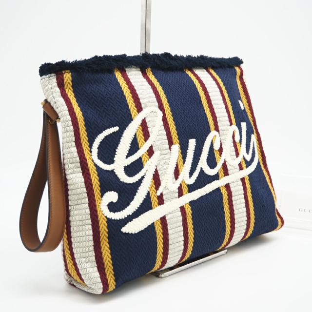 ★3日以内返品可★ 極美品 GUCCI グッチ エンブロイダリー キャンバス ラージ ポーチ 822870 クラッチバッグ ネイビー マルチカラー キャンバス レディース