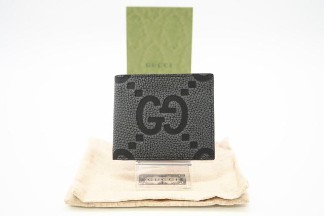 ★3日以内返品可★ 極美品 GUCCI グッチ ジャンボGG レザー 二つ折りウォレット 739475 二つ折り財布 ブラック グレー レザー メンズ