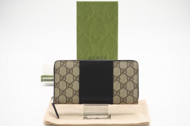 ★3日以内返品可★ 極美品 GUCCI グッチ GGスプリーム レザー ラウンドジップウォレット 779879 長財布 ベージュ ブラック レザー レディース