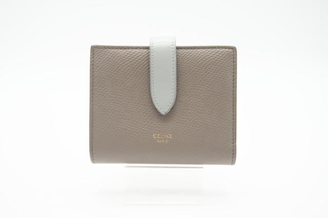 ★3日以内返品可★ 美品 CELINE セリーヌ レザー スモール ストラップウォレット バイカラー ぺブル ミネラル 10H263BRU.10PI 二つ折り財布 バイカラー ベージュ　ブルー グレインカーフレザー レディース