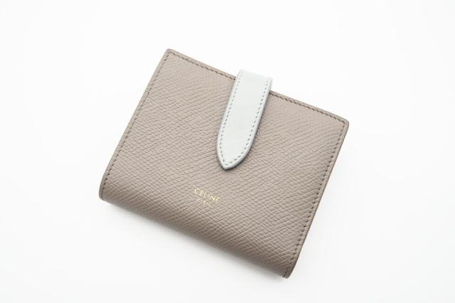 ★3日以内返品可★ 美品 CELINE セリーヌ レザー スモール ストラップウォレット バイカラー ぺブル ミネラル 10H263BRU.10PI 二つ折り財布 バイカラー ベージュ　ブルー グレインカーフレザー レディース_2