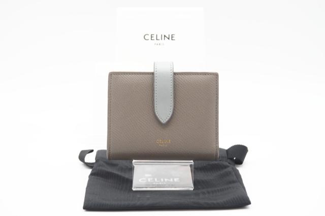 ★3日以内返品可★ CELINE セリーヌ レザー スモール ストラップウォレット バイカラー ぺブル ミネラル 10H263BRU.10PI 二つ折り財布 バイカラー ベージュ ブルー グレインカーフレザー レディース