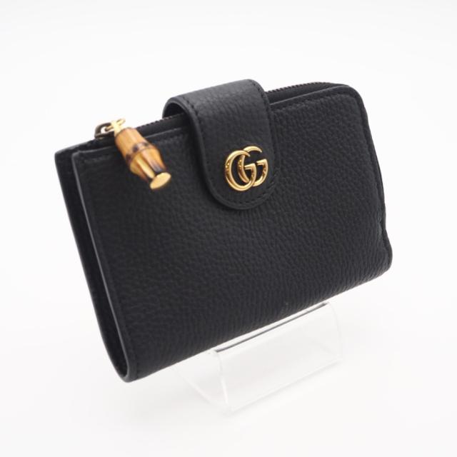 ★3日以内返品可★ 美品 GUCCI グッチ レザー ダブルGバンブー付き ミディアム ウォレット 739498 長財布 ブラック レザー レディース