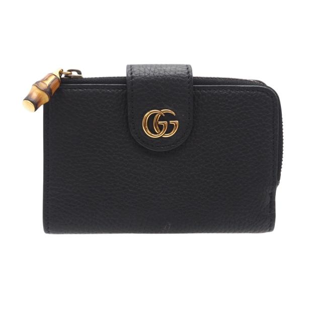 ★3日以内返品可★ 美品 GUCCI グッチ レザー ダブルGバンブー付き ミディアム ウォレット 739498 長財布 ブラック レザー レディース