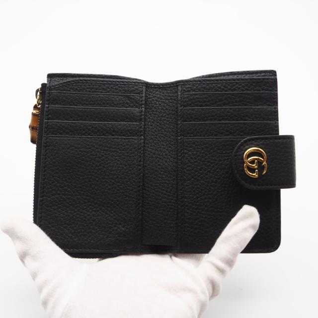 ★3日以内返品可★ 美品 GUCCI グッチ レザー ダブルGバンブー付き ミディアム ウォレット 739498 長財布 ブラック レザー レディース