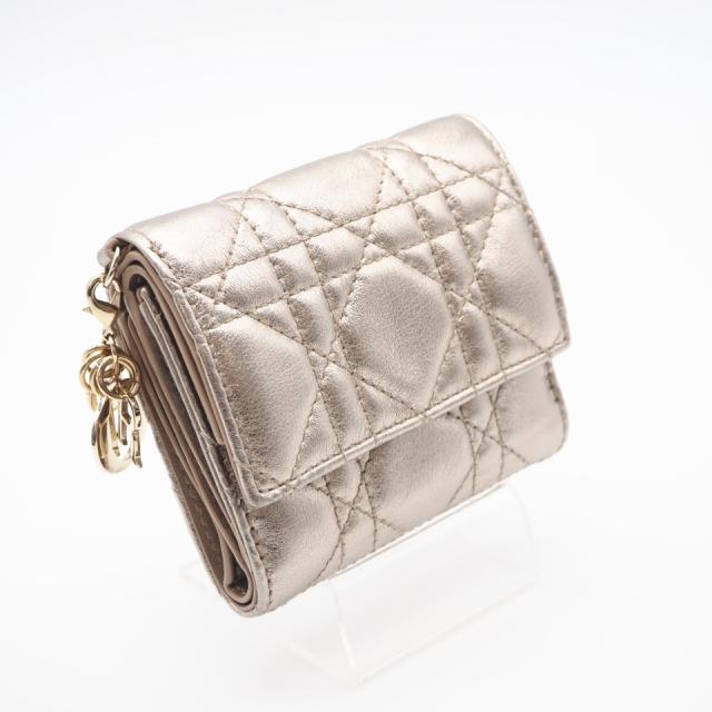 ★3日以内返品可★ 美品 Dior ディオール ラムスキン Lady Dior Lotus ウォレット S0181ONMJ 三つ折り財布 ゴールド レザー レディース