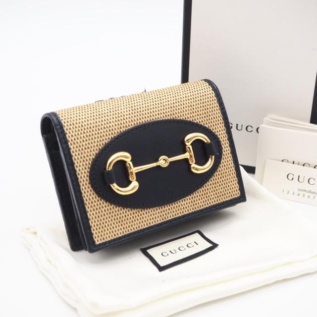 ★3日以内返品可★ 極美品 GUCCI グッチ キャンバス グッチ ホースビット 1955 スモールウォレット 621887 二つ折り財布 ベージュ・ブラック レザー キャンバス レディース