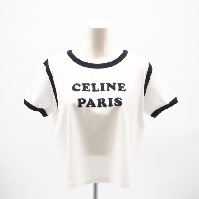 ★3日以内返品可★ 美品 CELINE セリーヌ コットン ボクシー プリントTシャツ M M 2X890671Q 半袖シャツ ホワイト・ブラック コットン レディース