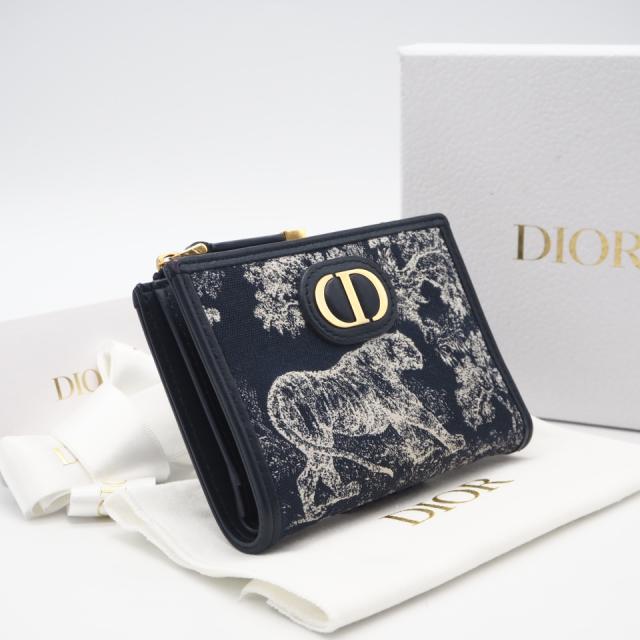 ★3日以内返品可★ 美品 Dior ディオール トワル ドゥ ジュイ リバース ジャカード 30 Montaigne Dahlia ウォレット S2197UNJR_M928 二つ折り財布 ネイビー・ホワイト コットン レザー レディース