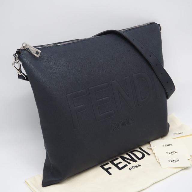 ★3日以内返品可★ 美品 FENDI フェンディ レザー ロゴ ショルダーバッグ 7VA604 ショルダーバッグ ネイビー・ブラウン レザー メンズ