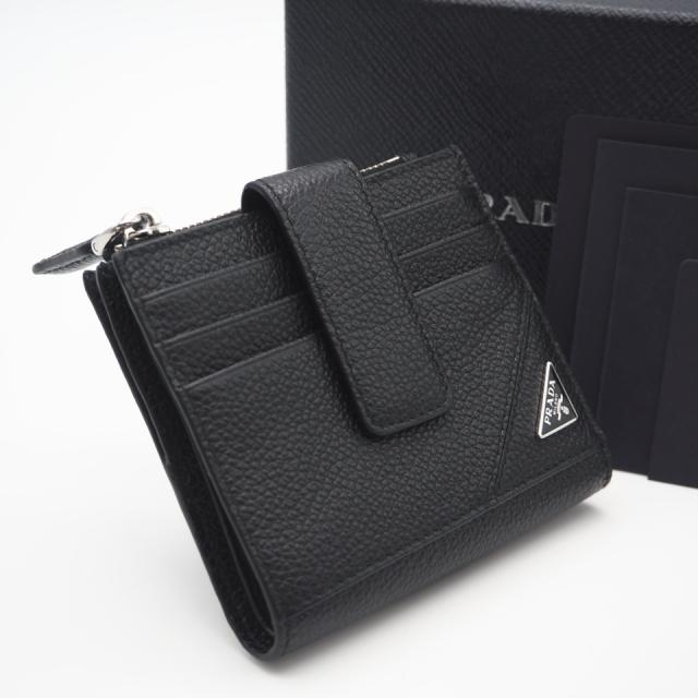 ★3日以内返品可★ 美品 PRADA プラダ ヴィッテロ マイクログレイン トライアングル コンパクトウォレット 2MC066 二つ折り財布 ブラック レザー メンズ