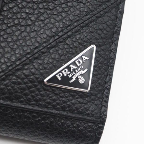 ★3日以内返品可★ 美品 PRADA プラダ ヴィッテロ マイクログレイン トライアングル コンパクトウォレット 2MC066 二つ折り財布 ブラック レザー メンズ_10
