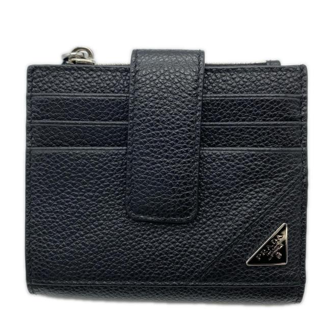 ★3日以内返品可★ 美品 PRADA プラダ ヴィッテロ マイクログレイン トライアングル コンパクトウォレット 2MC066 二つ折り財布 ブラック レザー メンズ_1