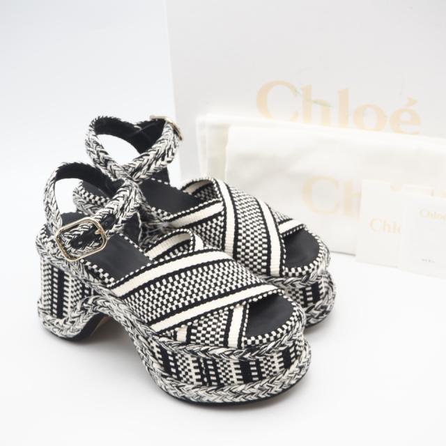 ★3日以内返品可★ 極美品 Chloe クロエ Meril 織地 サンダル 7 24 CHC22A650AJ90K37W サンダル ブラック・ホワイト コットン ラムスキン レディース