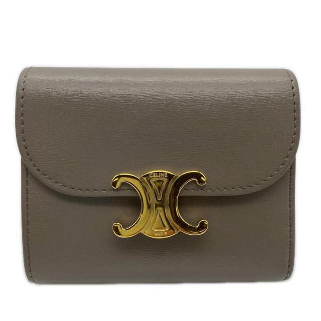 ★3日以内返品可★ 美品 CELINE セリーヌ シャイニーカーフスキン スモール フラップウォレット トリオンフ 10D783DPV.03SA 三つ折り財布 グレージュ カーフレザー レディース_1