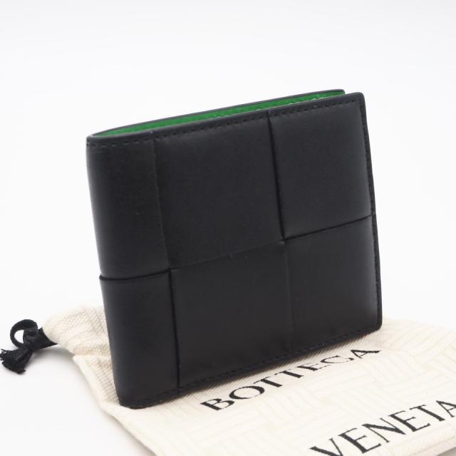 ★3日以内返品可★ 美品 BOTTEGAVENETA ボッテガヴェネタ マキシイントレチャート レザー 二つ折り財布 743004 二つ折り財布 ブラック グリーン カーフレザー メンズ