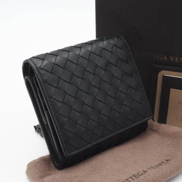 ★3日以内返品可★ 美品 BOTTEGAVENETA ボッテガヴェネタ イントレチャート小 レザー 二つ折り財布 - 二つ折り財布 ブラック カーフレザー メンズ
