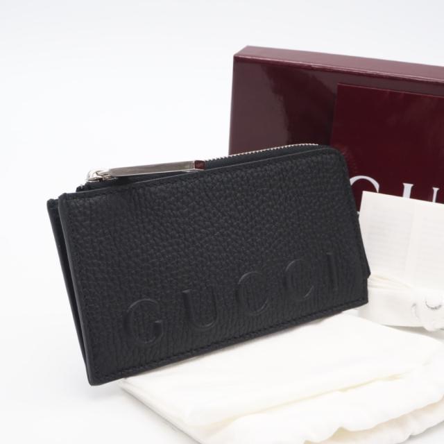 ★3日以内返品可★ 未使用 GUCCI グッチ ロゴ ジップカードケース 835073 コインケース ブラック グレインレザー メンズ