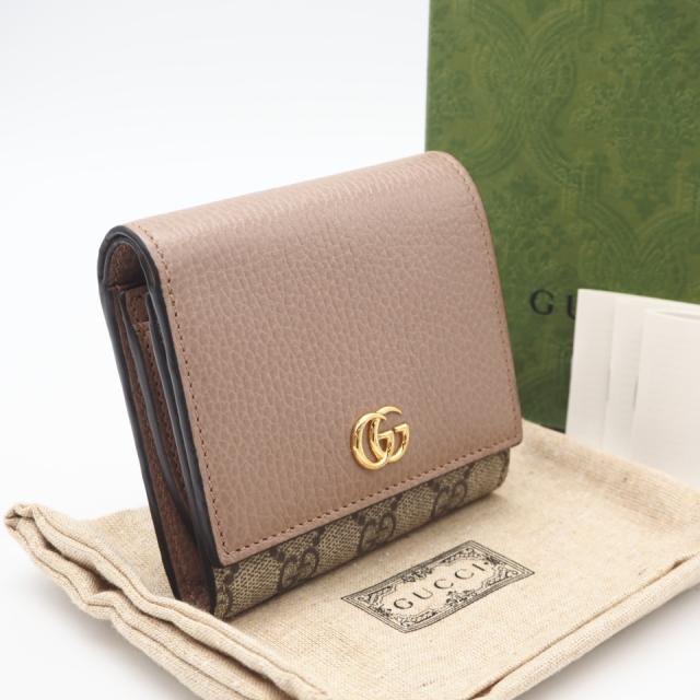 ★3日以内返品可★ 極美品 GUCCI グッチ GGスプリーム ダブルG バイカラー ミディアム ウォレット 598587 二つ折り財布 ベージュ ブラウン レザー コーティングキャンバス レディース