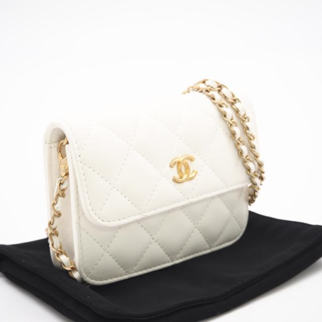 ★3日以内返品可★ 美品 CHANEL シャネル ラムスキン マトラッセ チェーンショルダーポーチ AP1628 ショルダーバッグ ホワイト ラムスキン レディース