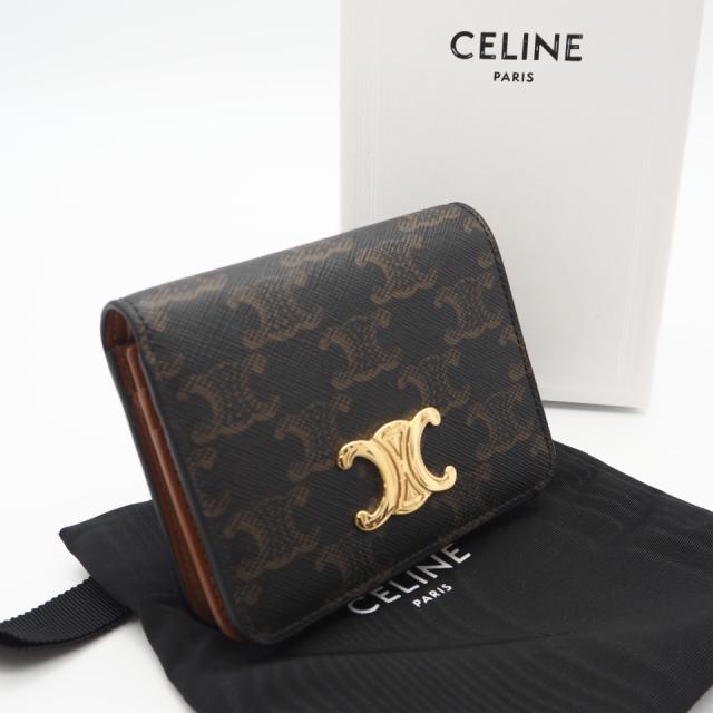 ★3日以内返品可★ 極美品 CELINE セリーヌ トリオンフキャンバス コンパクトウォレット 10K622CQH.04LU 二つ折り財布 ブラウン ベージュ  ブルー コーティングキャンバス レディース