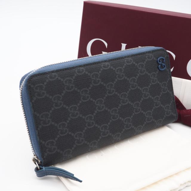 ★3日以内返品可★ 極美品 GUCCI グッチ GGスプリーム ジップアラウンドウォレット ブルー インテリア 822051 長財布 グレー ブルー コーティングキャンバス レザー メンズ