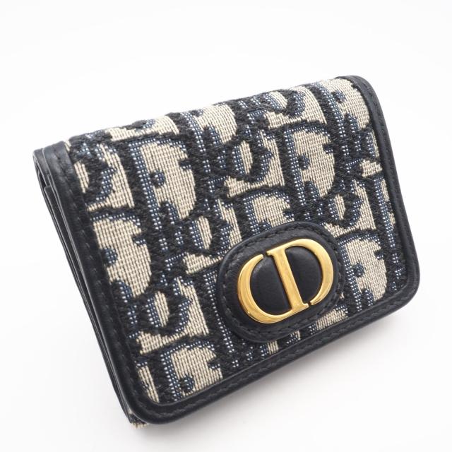 ★3日以内返品可★ 美品 Christian Dior クリスチャンディオール オブリーク ジャカード 30 モンテーニュ コンパクト ウォレット S2084UTZQ 三つ折り財布 ネイビー グレー キャンバス レディース