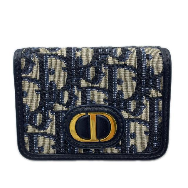 ★3日以内返品可★ 美品 Christian Dior クリスチャンディオール オブリーク ジャカード 30 モンテーニュ コンパクト ウォレット S2084UTZQ 三つ折り財布 ネイビー グレー キャンバス レディース_1