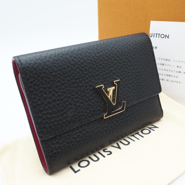 ★3日以内返品可★ 美品 LOUIS VUITTON ルイ・ヴィトン トリヨン ポルトフォイユ カプシーヌ コンパクト ノワール ホットピンク M62157 三つ折り財布 ブラック ピンク トリヨンレザー レディース