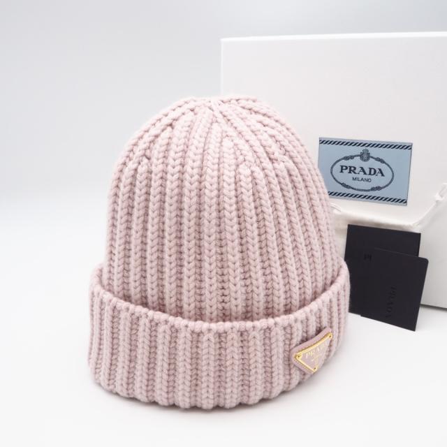 ★3日以内返品可★ 未使用 PRADA プラダ ウール ウール ビーニー トライアングルロゴ ニット帽 M 1HC390 ニットキャップ ピンク ウール カシミヤ レディース