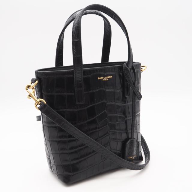 ★3日以内返品可★ 美品 SAINT LAURENT サンローラン クロコ型押し ミニ トイ ショッピング 712367 2wayハンドバッグ ブラック クロコダイル レザー レディース