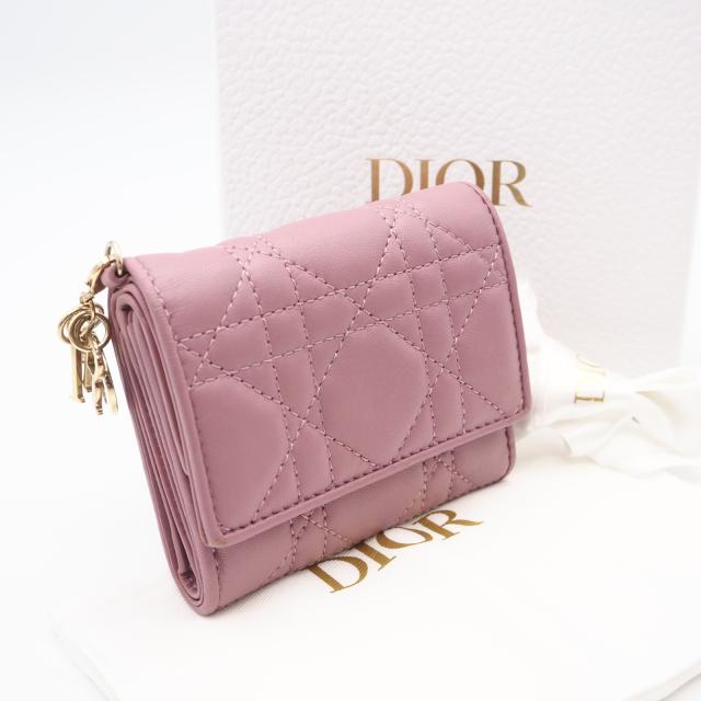 ★3日以内返品可★ 美品 Christian Dior クリスチャンディオール カナージュ ラムスキン Lady Dior Lotus ウォレット S0181ONMJ 三つ折り財布 ピンク ラムスキン レディース