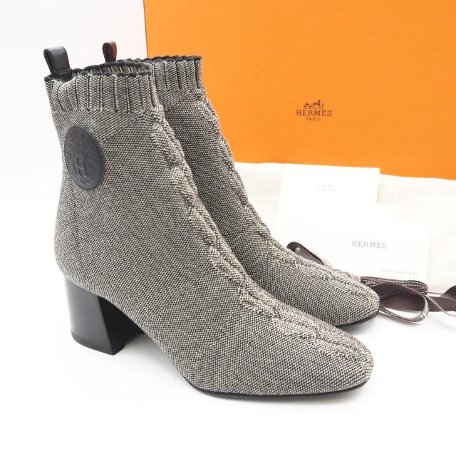 ★3日以内返品可★ 美品 HERMES エルメス ニット ヴォルヴェール ソックスブーツ 6.5 23.5 H221164Z ブーツ グレー ブラック ニット レディース