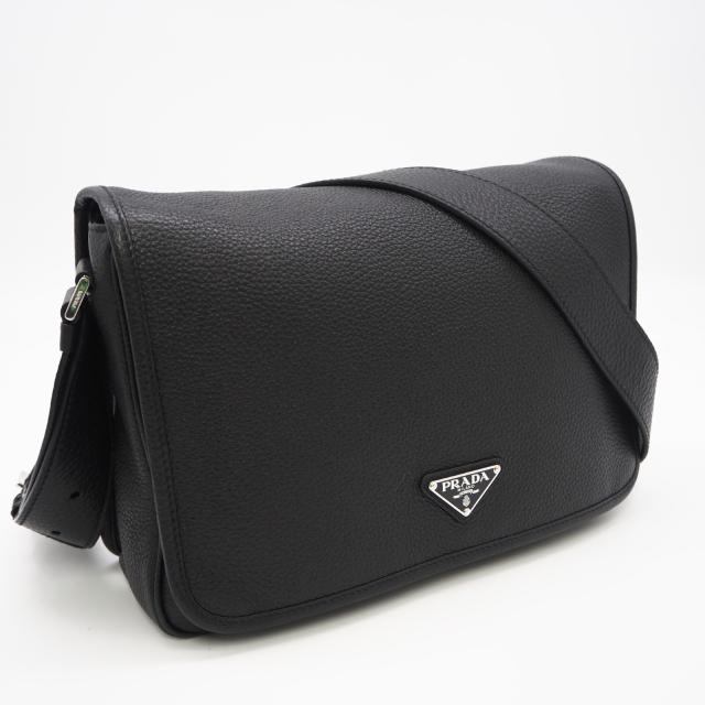 ★3日以内返品可★ 美品 PRADA プラダ レザー トライアングルロゴ ショルダーバッグ 2VD075 ショルダーバッグ ブラック カーフレザー メンズ
