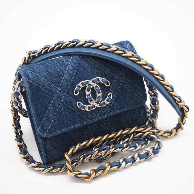 ★3日以内返品可★ 極美品 CHANEL シャネル シャネル19 デニム ミニ チェーンウォレット AP1787 ショルダーバッグ ブルー デニム レザー レディース