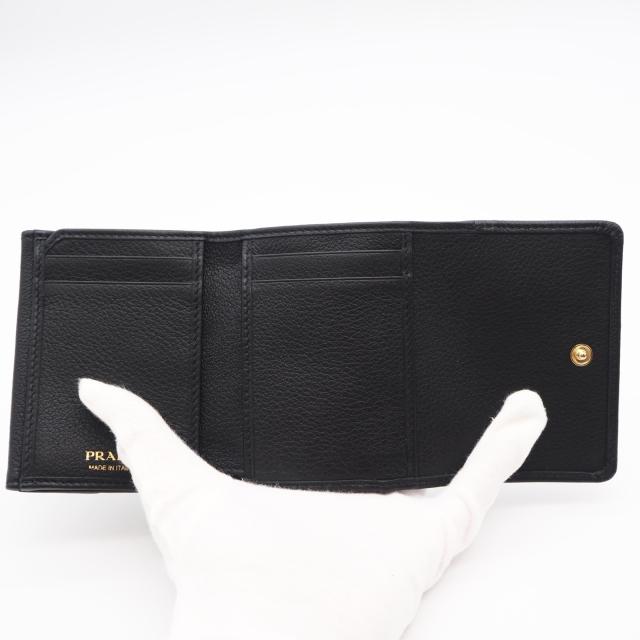 ★3日以内返品可★ 極美品 PRADA プラダ ポルタ ピッコロ パッティーナ ソフトレザー プリントロゴ コンパクトウォレット ネロ 1MH043 三つ折り財布 ブラック カーフレザー レディース_10