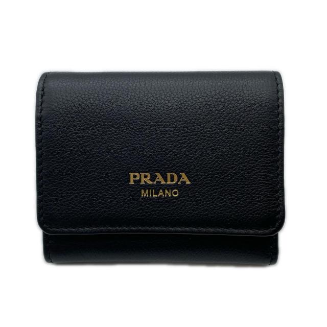 ★3日以内返品可★ 極美品 PRADA プラダ ポルタ ピッコロ パッティーナ ソフトレザー プリントロゴ コンパクトウォレット ネロ 1MH043 三つ折り財布 ブラック カーフレザー レディース_1