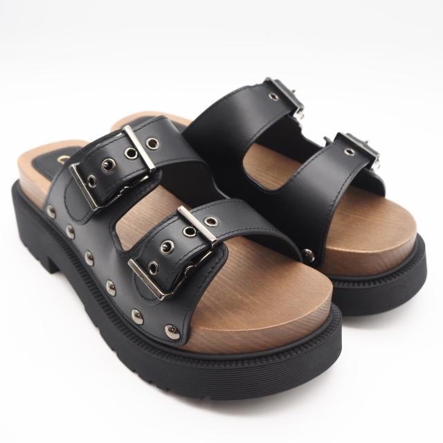 ★3日以内返品可★ 極美品 Christian Dior クリスチャンディオール ウッド レザー サンダル 6.5 24 MD0222 サンダル ブラック ブラウン レザー ウッド レディース