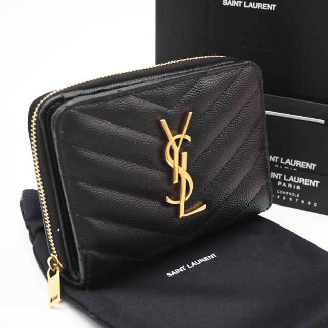 ★3日以内返品可★ 極美品 SAINT LAURENT PARIS サンローランパリ YSLロゴ Vステッチ コンパクトウォレット 403723 二つ折り財布 ブラック ゴールド カーフレザー レディース