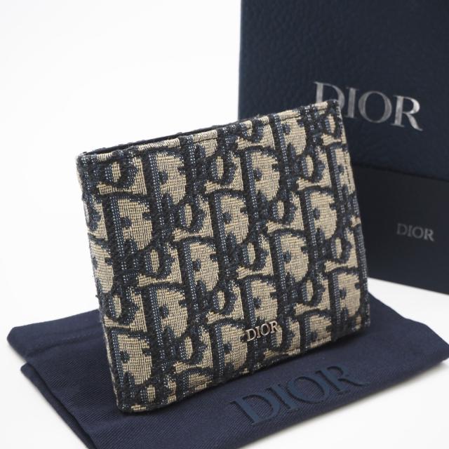 ★3日以内返品可★ 美品 Dior ディオール ディオール オブリーク ジャカード コインケース付き ウォレット 2OBBH027YSE_H05E 二つ折り財布 ネイビー ベージュ キャンバス レザー メンズ