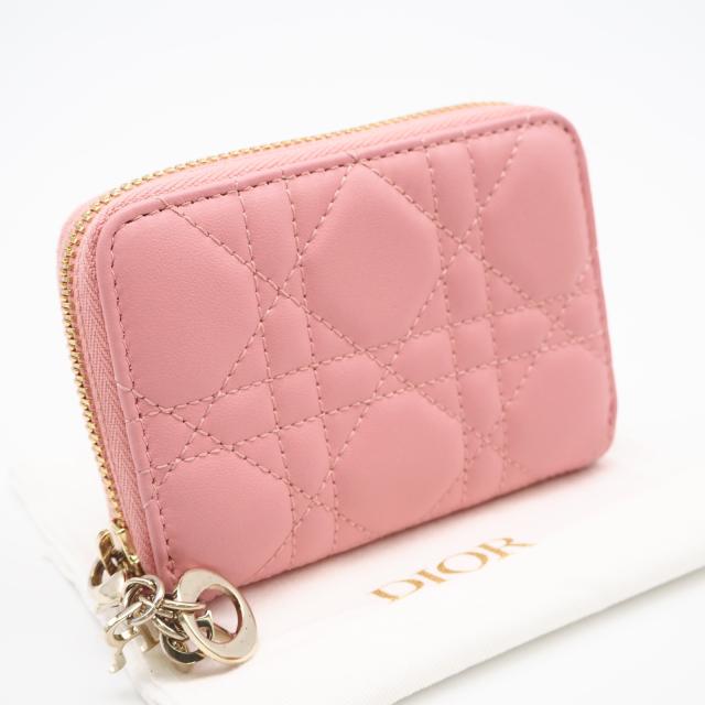 ★3日以内返品可★ 極美品 Christian Dior クリスチャンディオール カナージュ ラムスキン Lady Dior Scarlet ウォレット S6035ONMJ コインケース ピンク ラムスキン レディース