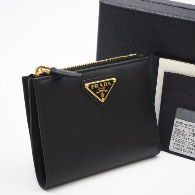 ★3日以内返品可★ 極美品 PRADA プラダ シティカーフ トライアングル 財布 ネロ 1ML050 二つ折り財布 ブラック カーフレザー レディース