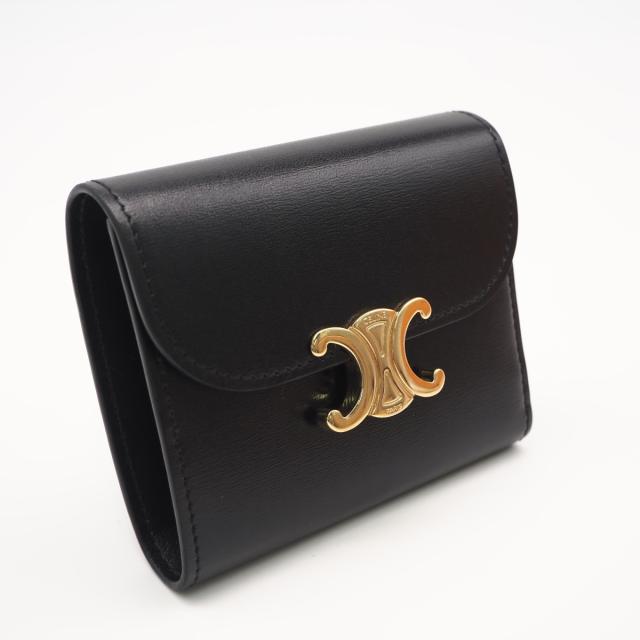 ★3日以内返品可★ 美品 CELINE セリーヌ トリオンフ スモール フラップウォレット 10D783 三つ折り財布 ブラック カーフレザー レディース