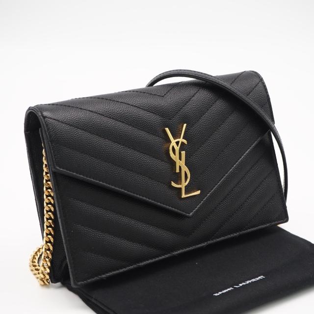 ★3日以内返品可★ 美品 SAINT LAURENT サンローラン グレインカーフ カサンドラ チェーンウォレット 393953 ショルダーバッグ ブラック グレインカーフレザー レディース