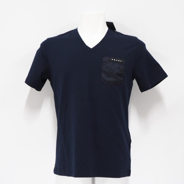 ★3日以内返品可★ 未使用 PRADA プラダ ラバーロゴ 半袖Tシャツ S SJN251 半袖シャツ ネイビー コットン ナイロン メンズ