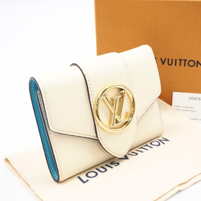 ★3日以内返品可★ 美品 LOUIS VUITTON ルイ・ヴィトン カーフスキン ポルトフォイユ LVポンヌフ コンパクト M69176 三つ折り財布 クリーム ブルー カーフレザー レディース