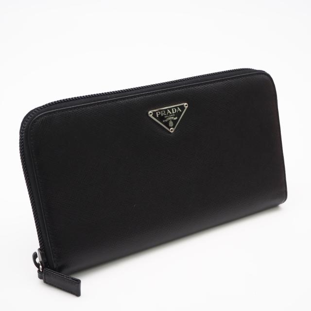 ★3日以内返品可★ 美品 PRADA プラダ サフィアーノ トライアングル ジップアラウンドウォレット M506A 長財布 ブラック サフィアーノ メンズ